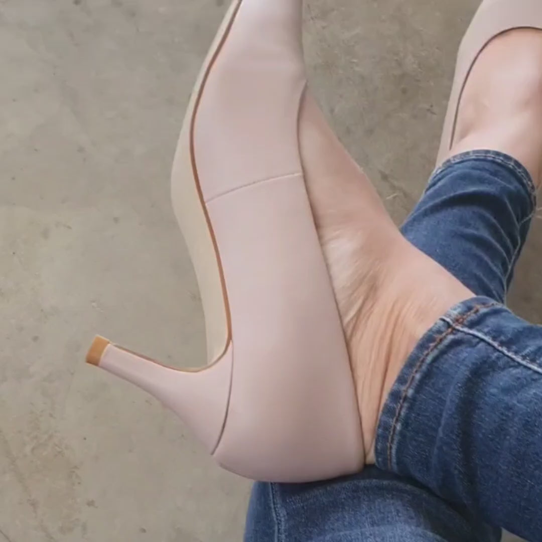 Zara Pale Mauve (Nude) Leather Mid Heel Pointed Toe Pumps