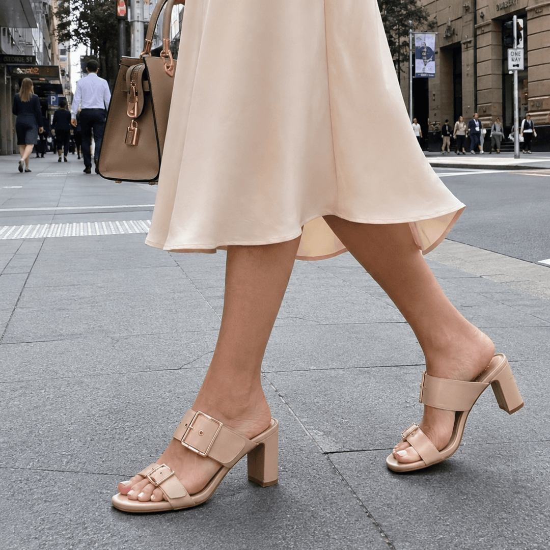 Alba Leather Mid Block Heel Mules - Luminous Assembly