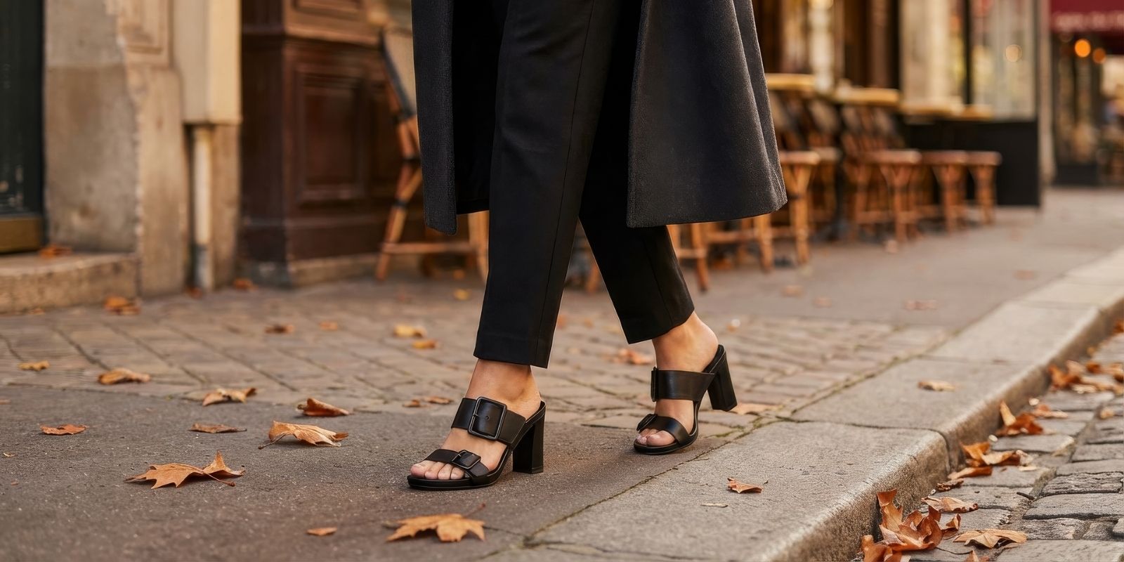 Person wearing black leather mid heel mules and pants on a street with autumn leaves.