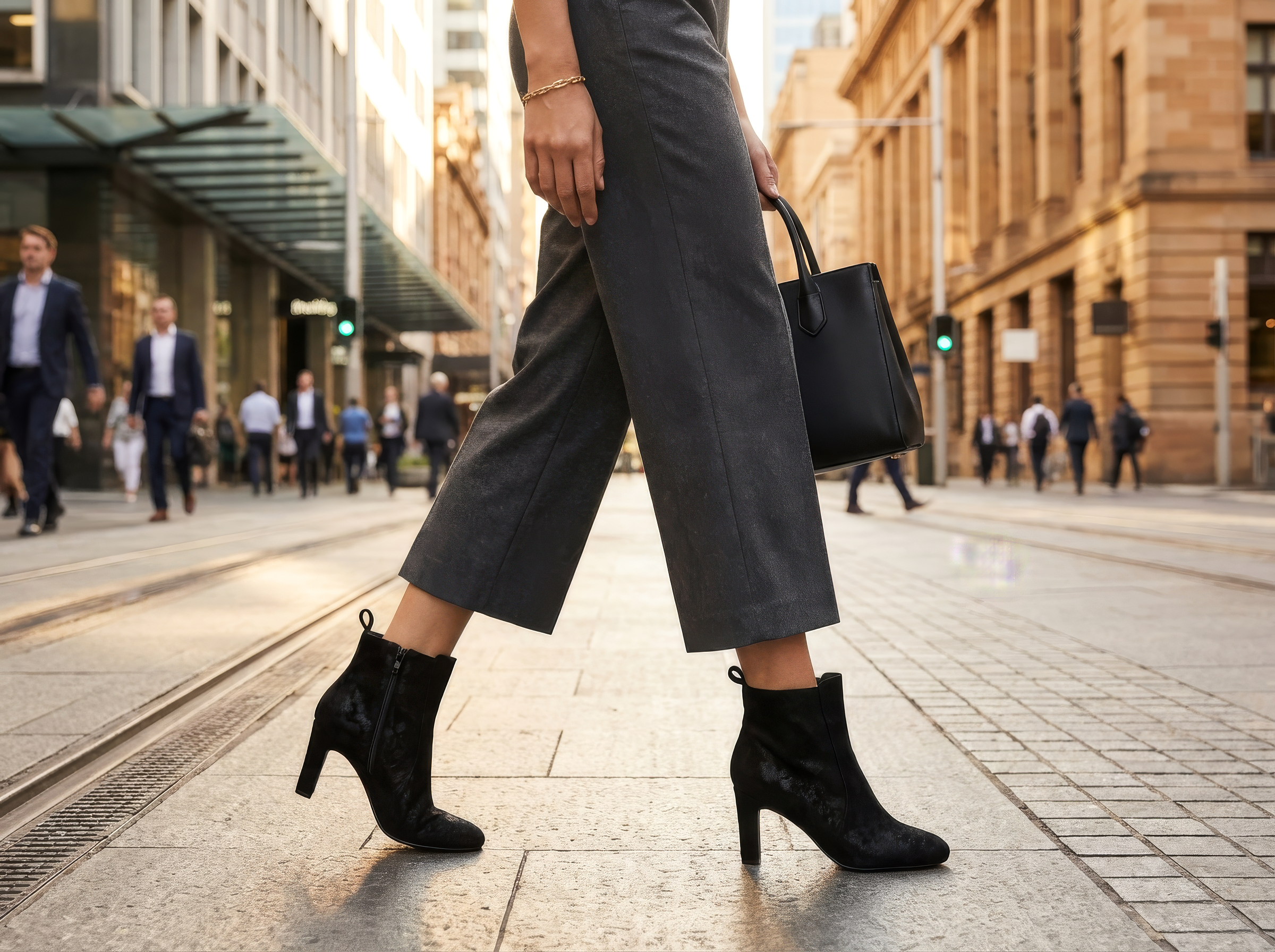 Person walking on a city street wearing black ankle leather boots and gray pants.