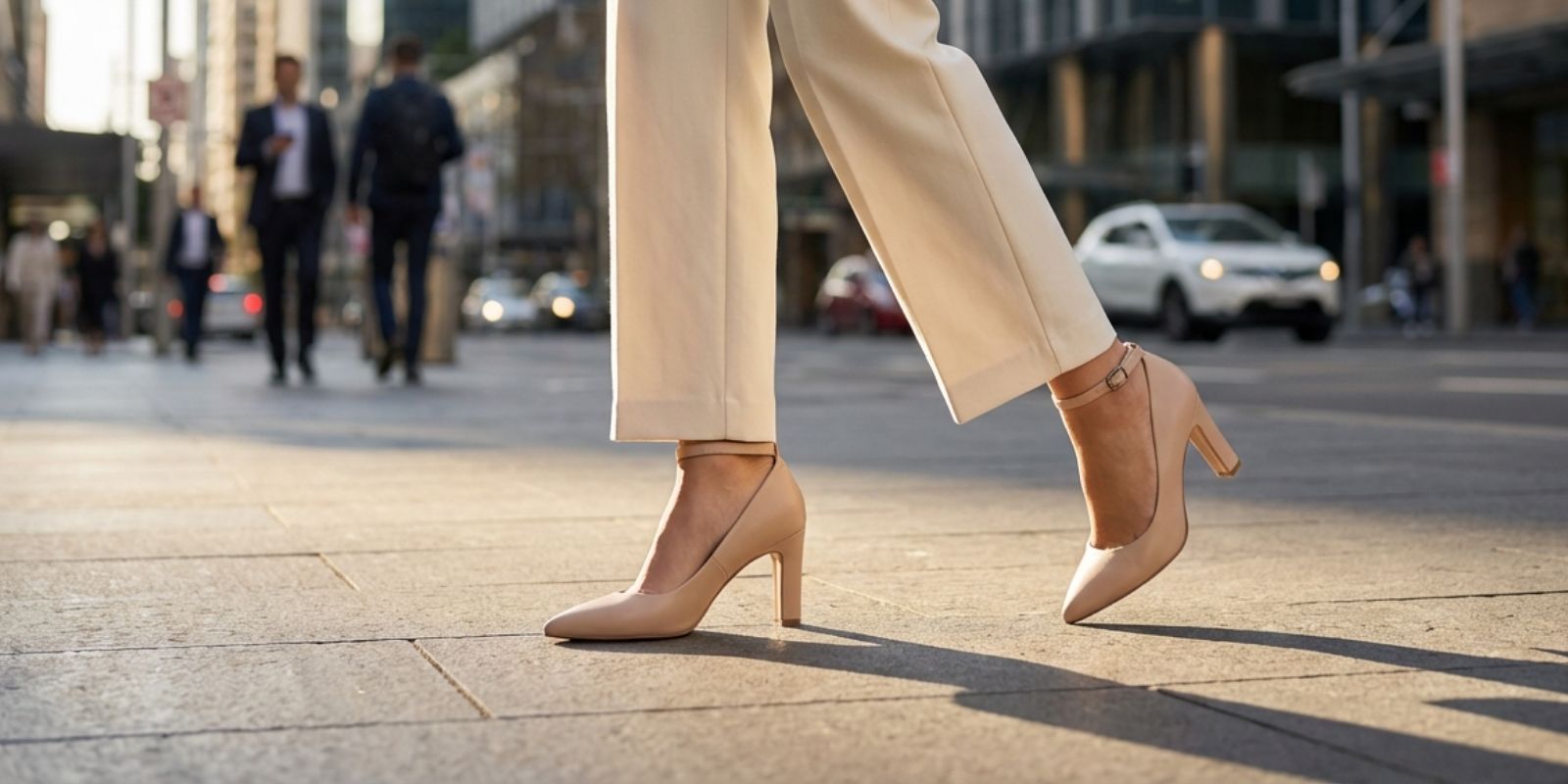 Close-up of a person's legs wearing beige mid heels on a city street.