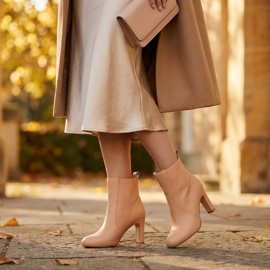 Person wearing a beige coat and matching high-heeled boots in an autumn setting.