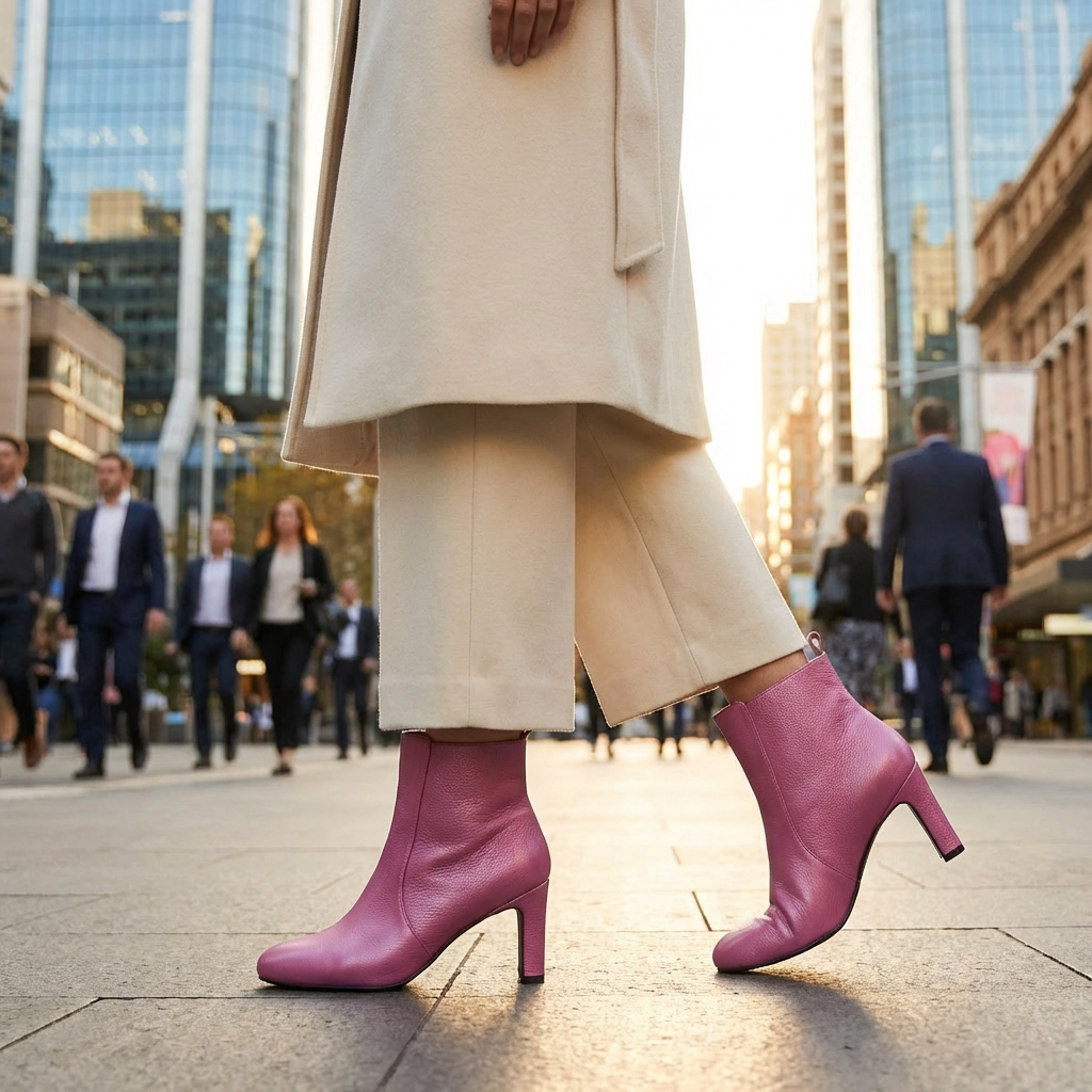 Person wearing pink mid heeled boots with a cityscape background