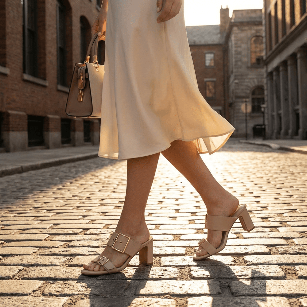 Alba Leather Mid Block Heel Mules - Luminous Assembly