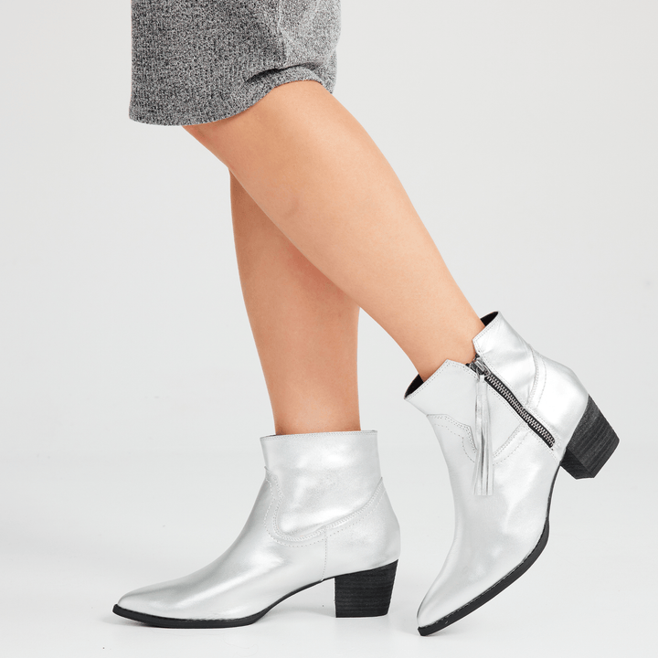 Mila Leather Low Block Heel Ankle Boots - Luminous Assembly