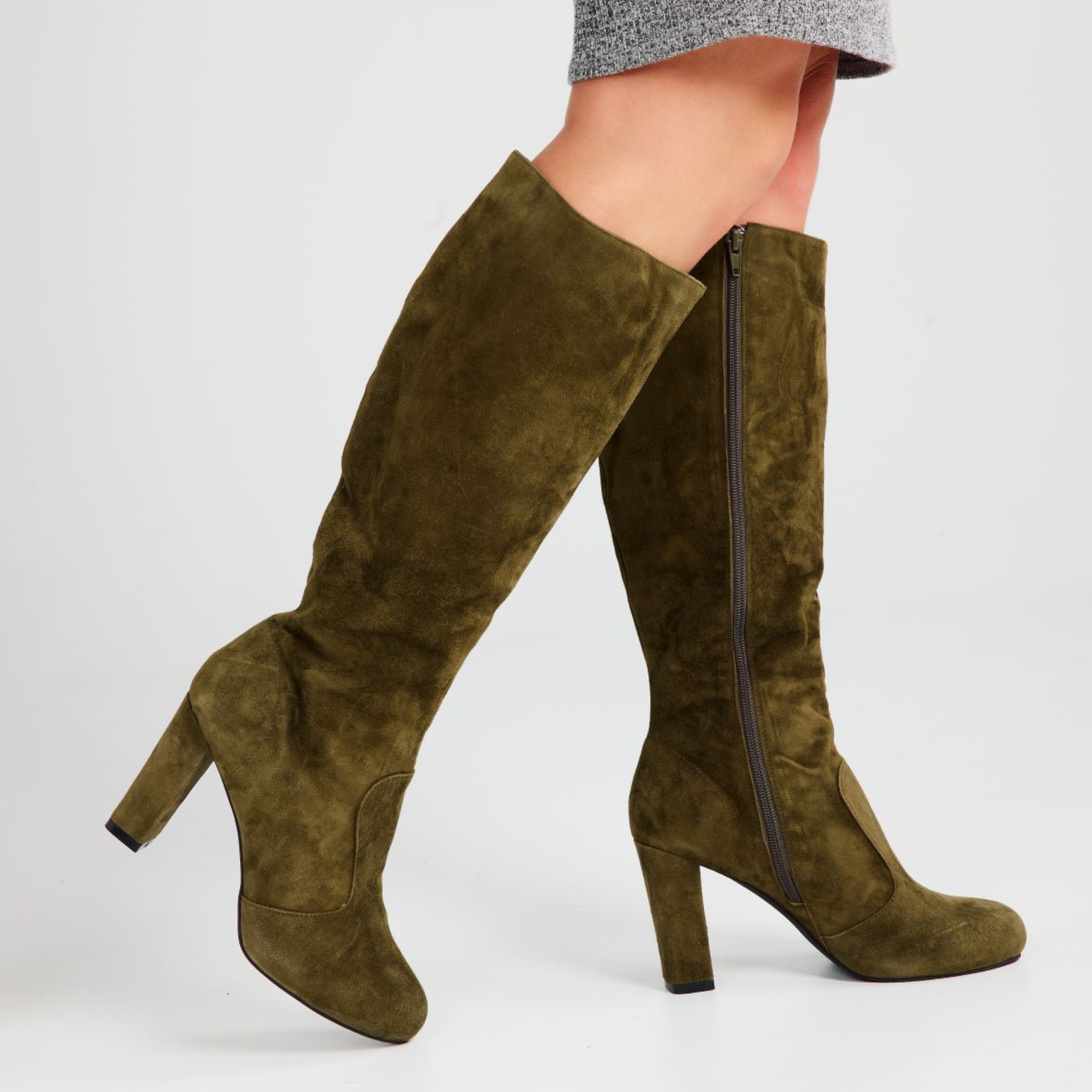 Ruby Military Green Suede Leather High Heels Boots