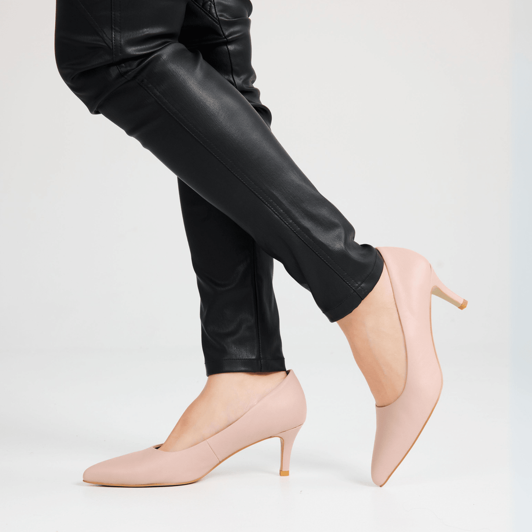 Zara Pale Mauve (Nude) Leather Mid Heel Pointed Toe Pumps - Luminous Assembly