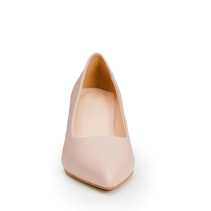 Zara Pale Mauve (Nude) Leather Mid Heel Pointed Toe Pumps - Luminous Assembly